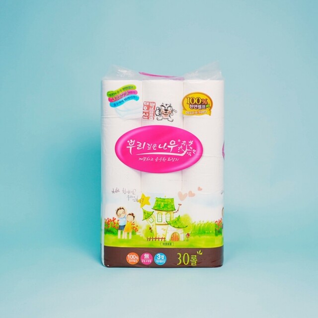 강원복지회,[강원복지회]  3겹 천연펄프 뿌리깊은나무 (30m30롤3팩) 총 90롤 두루마리휴지 화장지